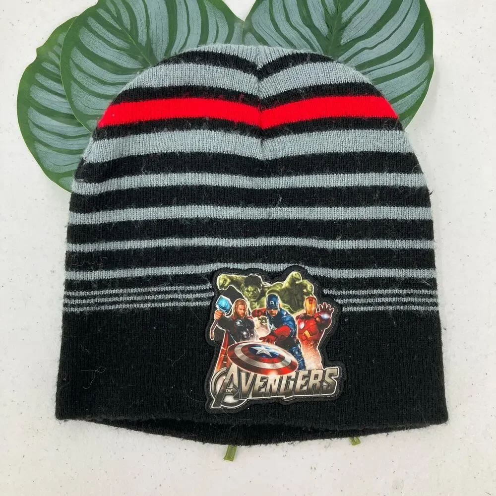 Marvel Avengers Black Gray Red Stripe Patch Comic Hero Knit Beanie Winter Hat